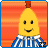 Pixelated banana character with red tuft, smiling face, blue-and-white striped shirt, orange gradient background, and text variations.