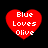 Four red heart-shaped icons with white text reading "Blue Loves Olive" on a black background, each displaying different pixelation levels.