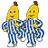 Two pixelated banana-shaped figures with brown stems, wearing blue and white striped pants, standing side-by-side against a light background.