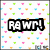 Pixelated text on a white background with colorful square dots; 'RAW!' appears above 'In Dinosaur' and 'Means "I Love You"'.