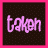 dark brown square with pink borders, each containing the word 'taken' in light purple cursive text on a dotted background