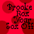 Red background with dark red circular shapes and black text reading "Brooke Roz Your Sox Off" in a stylized font.