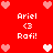 Red background with pixelated hearts and repeated text 'Ariel <3 Rafi!' in white, arranged in a pattern with heart symbols at corners and center