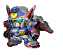 A pixel-art mech with blue, white, red, and green accents stands in a static pose before transforming into multiple flight modes.