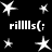 Black background with white star shapes and repeated text 'rilllls(:' in pixelated font across multiple