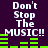 Pixelated text 'Don't Stop The MUSIC!!' repeated four times on a dark purple background with green audio equalizer bars below each phrase.