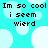 Pixelated cyan background with white circles and black text repeating 'Im so cool i seem wierd' in four identical quadrants.