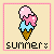 Pixel art ice cream cone with two scoops inside a pink border on beige background, labeled "summer" at bottom.
