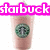 Pixelated image of a Starbucks cup with green logo and pink text reading 'starbuck' above it.