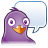 Pixelated purple bird-like character with large white-ringed eyes and orange beak, next to a blue-outlined speech bubble on gray background.