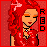 Pixel art of a woman with red hair and orange eyeshadow, wearing a red dress and black choker necklace, against a red background.