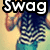 Pixelated image of a person with long dark hair wearing a striped shirt, with "Swag" text overlay and a hand gesture changing between frames.