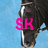 A horse's head in profile against a blue background, with pink 'SK' text overlaid on the left side of the image.