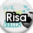 Pixelated icon with 'Risa' text in bold white letters on black background, surrounded by light blue and green pixel clusters against a gray circular backdrop.
