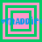 Four identical square with alternating green and pink concentric borders, each containing a blue pixelated text overlay reading "maddie" with a heart symbol