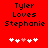 Red background with black text 'Tyler Loves Stephanie' and five white/pink pixelated hearts below, two versions showing heart color changes.