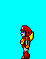 Pixelated character in red armor with yellow wings walks left to right across cyan background, alternating between standing and walking poses.