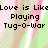 Pixelated text on a pastel background with pink and green stripes, displaying phrases about love and tug-of-war.