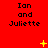 Red background with repeated 'Ian and Juliette' text in black pixelated font, yellow star-like symbols scattered across the image.