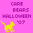 Pixelated yellow cat walks left on bright pink background with purple text 'CARE BEARS HALLOWEEN '07' above it.