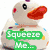 Animated rubber duck with red cheeks and orange beak, holding a green 'Squeeze Me...' sign, with pink '...If you dare.' text below, against a white background.