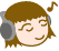 Pixelated avatar with brown hair, gray headphones, closed eyes, and a smile, accompanied by a musical note symbol.