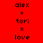 Red background with black pixelated text reading 'alex + tori = love' in two vertical , one partially obscured by a dark radial blur effect