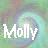 Static 48x48 pixel buddy icon featuring the name "Molly" in white text over a blurred pastel background with green, purple, and blue hues.