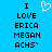 Pixelated text on bright blue background with white heart symbol above 'I LOVE ERICA MEGAN ACHS' in black block letters.