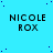 A static image with a bright cyan background featuring scattered dark blue dots, displaying repeated text "NICOLE ROX" in bold black pixelated font across multiple
