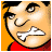 Pixelated cartoon face with exaggerated features showing anger, set against a solid orange background and wearing a red shirt.
