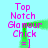 Pixelated text and green shapes on cyan background, with repeated 'Top Notch Glamour Chick =]' phrases in pink.