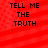Red background with diagonal stripes and pixelated text reading "TELL ME THE TRUTH" in four identical quadrants.