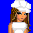 Pixel art contact sheet showing three distinct character frames with text labels on a blue background, featuring a woman in chef attire and another in casual clothing holding a triangle instrument.