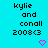 Pixelated cyan background with black text 'kylie and conall 2008<3' and pink heart symbols in various positions across frames.
