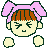 Pixel art contact sheet showing two frames of a cartoon character with pink bows, brown hair, and yellow skin in different expressions against gray background.