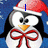 Animated penguin wearing red Santa hat and red bow tie against blue snowflake background with text "I LOVE PENGUINS!" in blue.