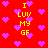 Red background with purple heart shapes and yellow text reading "I LUV MY GF" repeated across the image.
