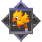 Pixelated yellow bird with orange beak and feet, blue eye, on dark background with @ symbol in four diamond-shaped frames.