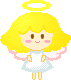 Pixelated angel with yellow hair, halo, and wings in light blue dress; two versions show wing and halo positions differing between frames.