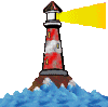 Red and white striped lighthouse on rocky base with blue waves, emitting yellow beam or glowing yellow circle at top.