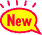 Two yellow speech bubbles with red outlines on gray background; left bubble contains 'New' text, both have floating coin-like shapes above them.