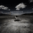 A monochrome animated scene shows a figure standing on a cloud-like surface beneath a dark sky with shifting clouds.