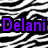 Static pixel art icon with purple text 'Delani' on a black rectangular background, set against a black-and-white striped pattern.