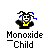 Pixelated character with blue hair, yellow shirt, black jacket; text 'Monoxide_Child' below. Nine identical static frames on gray background.