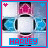 Pixelated icon with pink and blue border, heart symbols at corners, central figure in white outfit with pink accents, text 'HARLEY' below.
