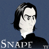 Pixelated cartoon-style image of a person with long dark hair and a black high-collared shirt against a blue background, with text reading "Potions Master" and "SNAPE".