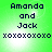 Green background with dark blue text reading "Amanda and Jack" above repeated "xoxoxoxoxo" in pixelated font.