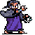 Pixel art character in purple robe and gray cloak with flowing hair, holding a circular object, shown in two sequential poses against gray background.