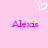 Pixelated pink background with white heart symbol above two identical 'Alexis' text labels in bright magenta.